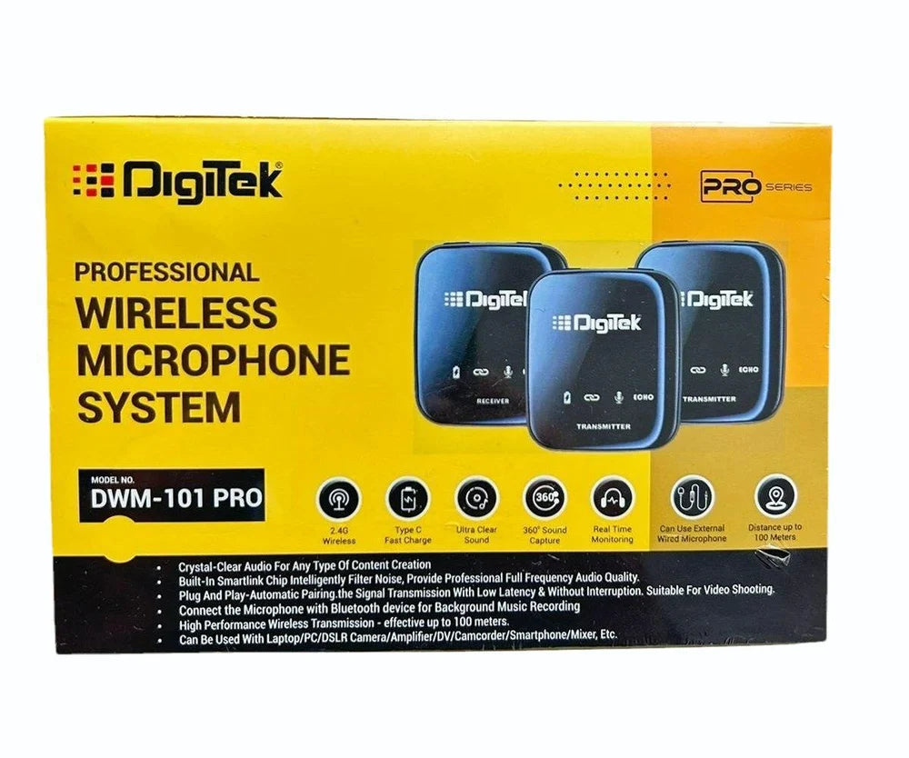 Digitekยฎ (DWM 101 PRO Wireless Microphone System with ANC Noise Reduction, 360ยฐ Sound Capture, Upto 12 Hrs Working Time, for DSLR Camera, Android & iOS Smartphones, Seamless Audio Recording