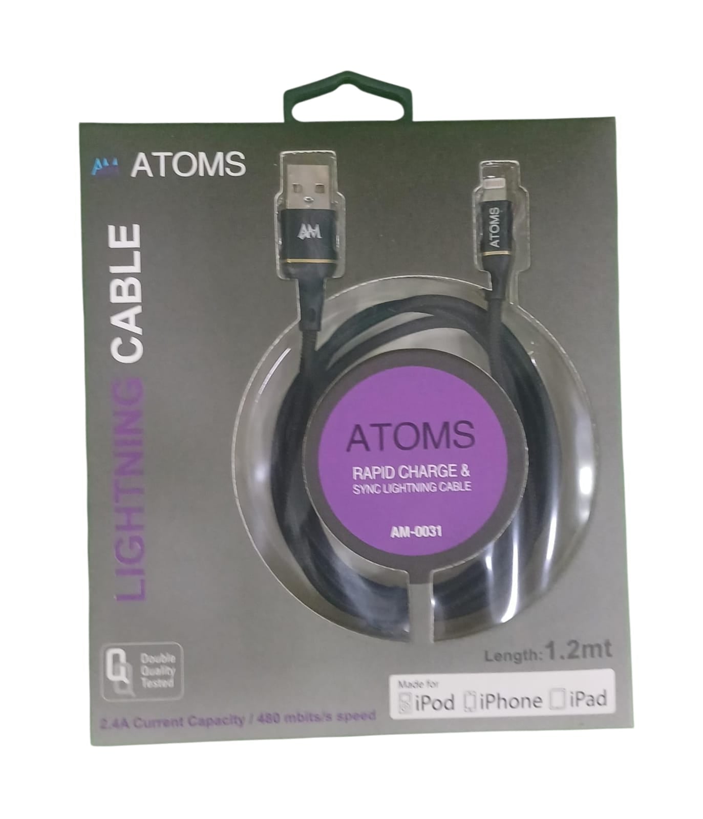 Atoms 2.4A Fast Charging Lightning Cable 1.2mtr