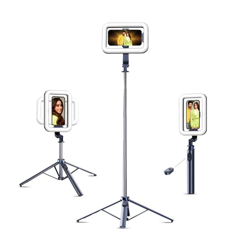 Digitek (DTR 630 SS) Extendable Tripod Selfie Stick with Fill Light, Quadpod Base, Wireless Remote, 5.25ft Max Height, 6-Section Adjustment, 360° Rotation, 1Kg Load, Compatible with Android & iPhone