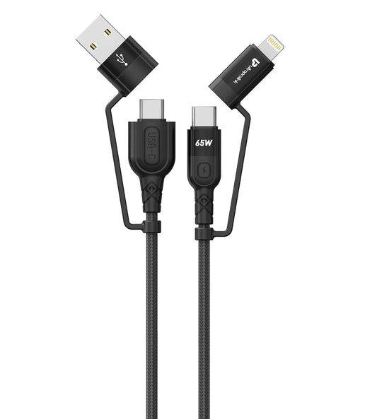 UltraProlink UL1055 Quadlink 4 in 1 Cable 65W PD USB to iPhone 13,USB to Type-C,Type-C to iPhone & Type C to Type-C Sync & Charge Nylon Braided Power Delivery Fast Charging Cable 1.2m/3.93 ft,Black