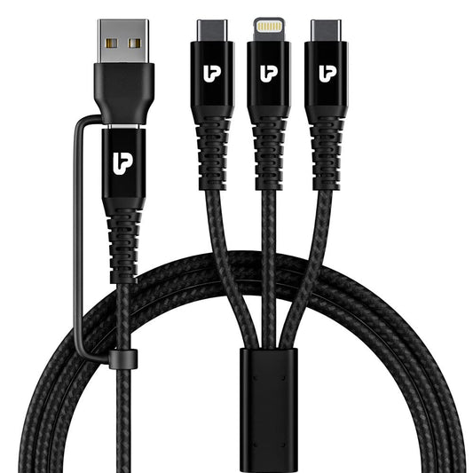 ULTRAPROLINK Trio-Link+ 3 in 1 Cable | QC3.0 18W Fast Charging Cable | 1.5m Long | Durable,Tangle-Free Design | Nylon Braided with Metal Cable | UL1142BLK | Black