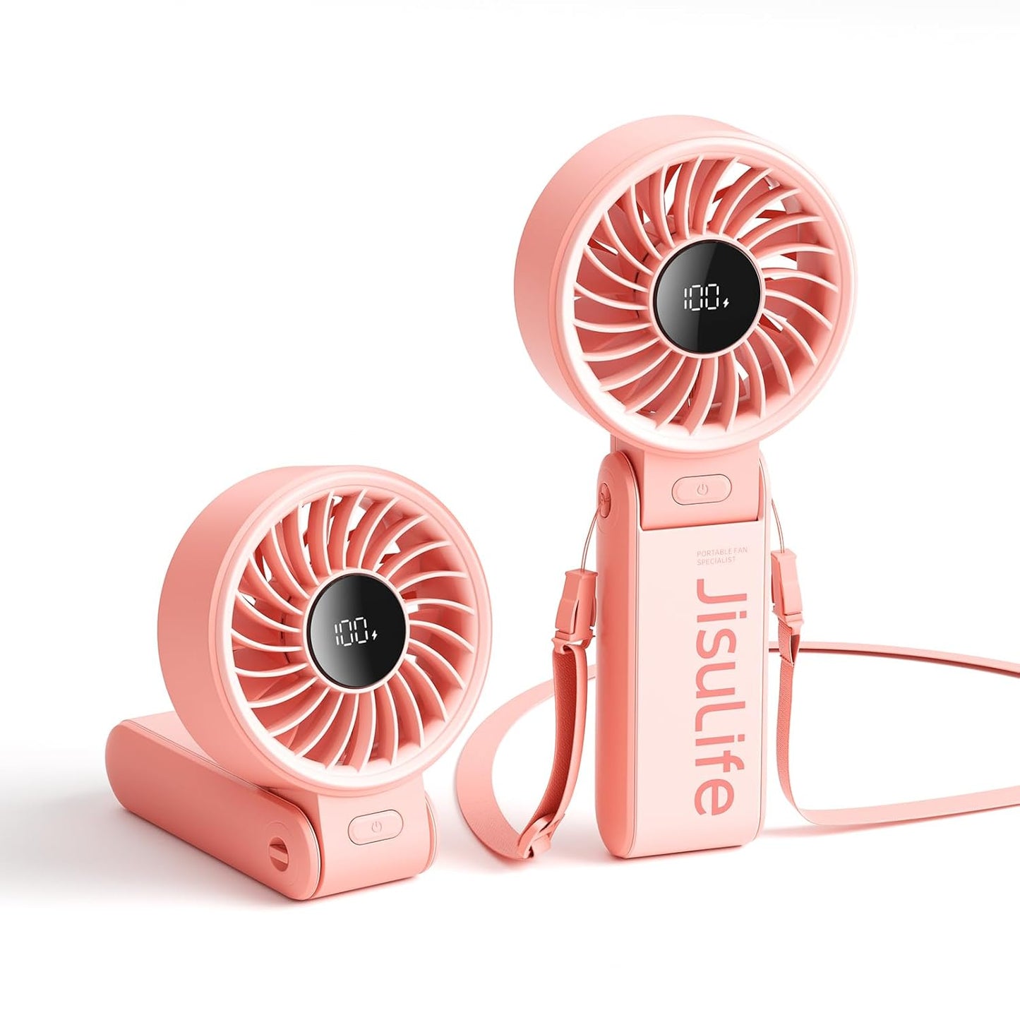 JISULIFE Handheld Fan Life7,2024 Powerful Portable Fan with LED Display[19.5Hrs Max Cooling] 3600mAh,150°Folded,5 Speeds,Lanyard; 3-in-1 Hand/Desk/Neck Fan,Travel Essentials Gifts for Women,Men(Pink)