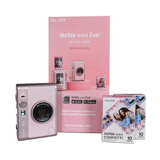Fujifilm Instax Mini Evo Hybrid Camera Premium Edition with 20 Shots of mini Film Confetti - (Gentle Rose)