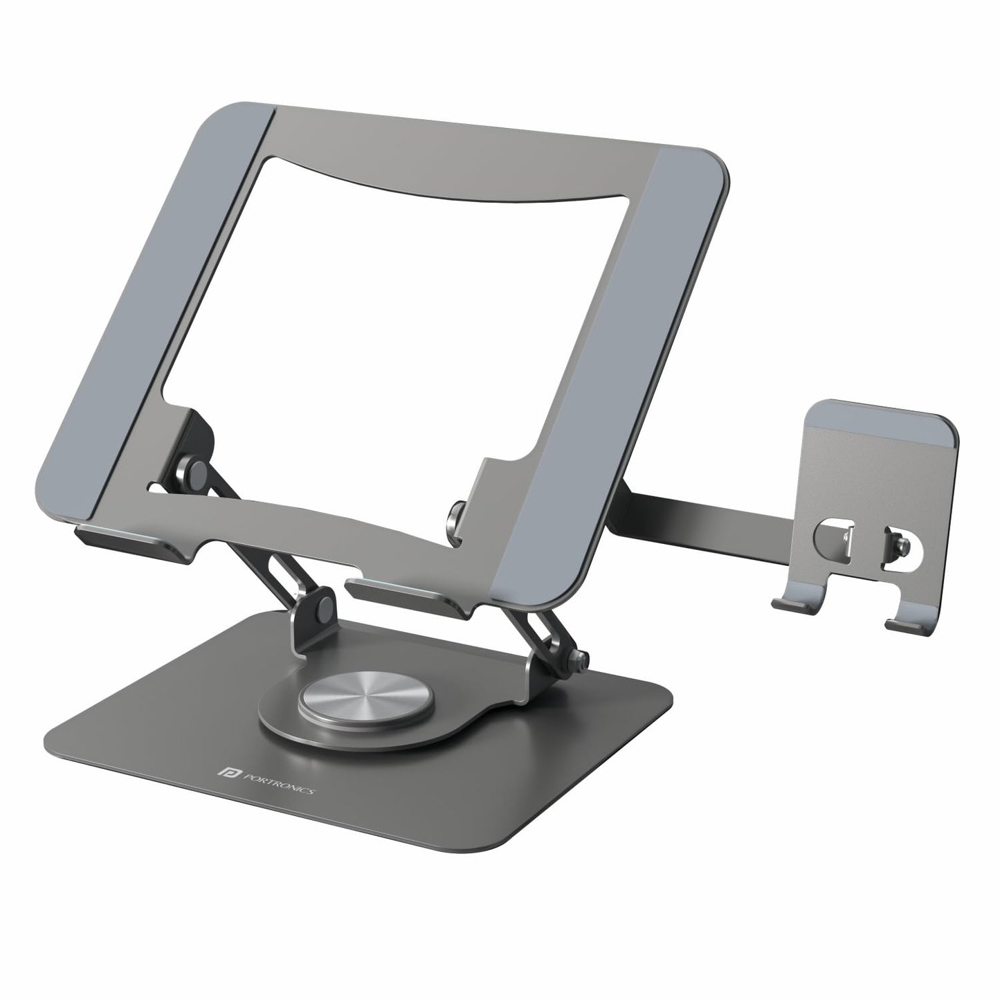 Portronics My Buddy K9 Pro 2-in-1 Laptop & Phone Stand with 360° Rotating Base, Adjustable Height & Angle, Foldable Metal Design, Heat Dissipation, Universal Fit for 10–15.6” Laptops