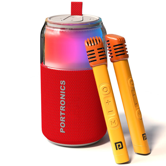 Portronics 10W Talk Six Can-Shaped Portable Bluetooth Speaker with Dual Wireless Karaoke Mic, Upto 4 Hours Playtime, 360° Degree RGB LED Light, Bluetooth V5.3, USB-A in Port, Type C Charging(Red)